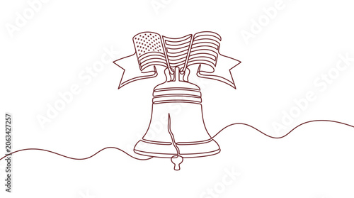 Liberty Bell with American Flag and Ribbon, Single Line Drawing