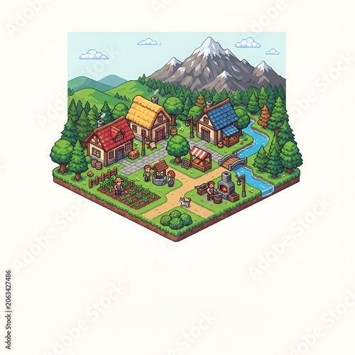 Charming Pixel Art Village Scene with Mountains, Forest, and River