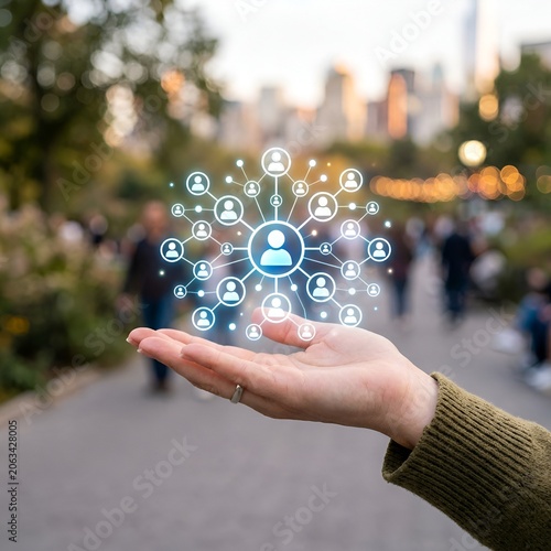 Hand holding glowing network of people icons, social connection concept