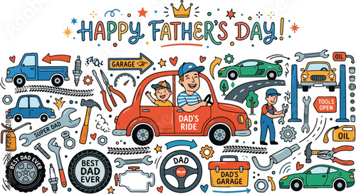 Father and son driving in car with garage tools and festive text