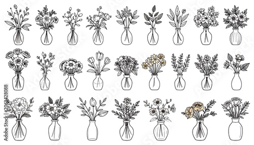 Black and white line art of floral bouquets in glass vases