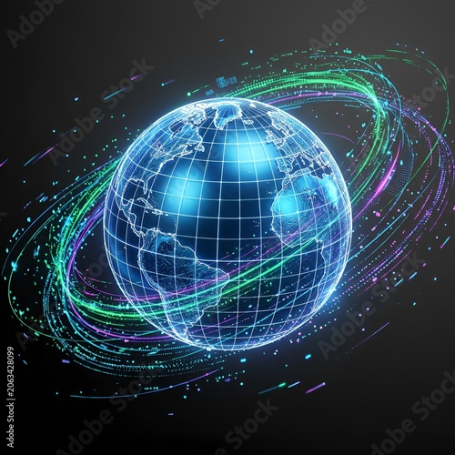 Glowing Digital Earth Globe with Abstract Light Trails on Dark Background