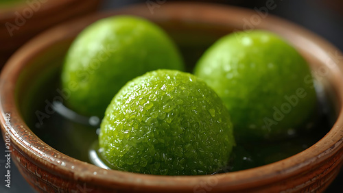 Close-up of three vibrant green lime spheres in a rustic ceramic bowl with liquid.