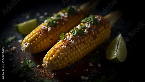 Delicious Corn on the Cob with Lime, Cilantro and Spices, Dark Background