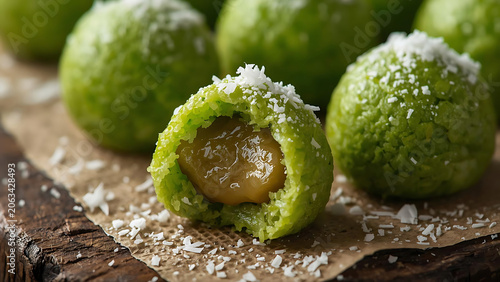 Delicious green energy balls with coconut flakes and caramel filling, macro shot