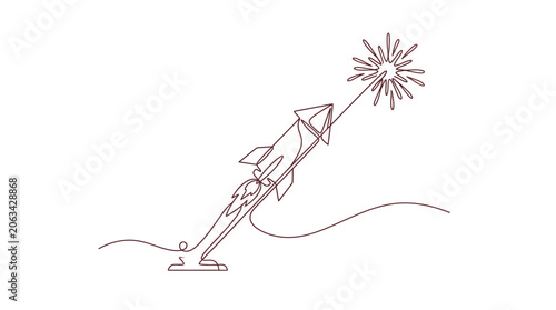 Line Art Rocket Launching into Starry Sky, Symbolizing Success and Innovation