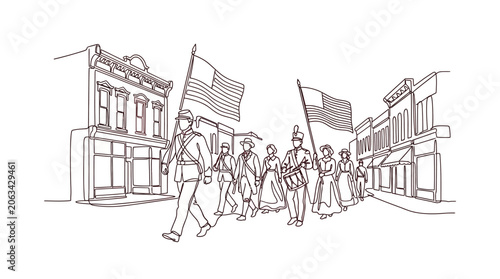 Schilderij op canvas Historical Parade with American Flags, Line Drawing, Vintage Style