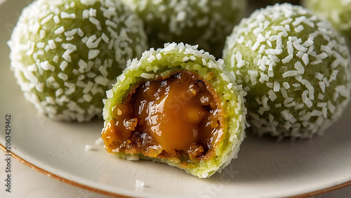Green Mochi Balls Filled with Caramel, Rolled in Coconut Flakes