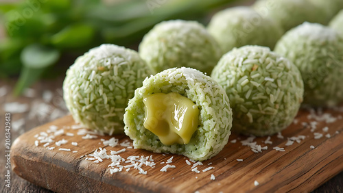 Healthy Green Coconut Energy Balls with Creamy Filling on Wooden Board