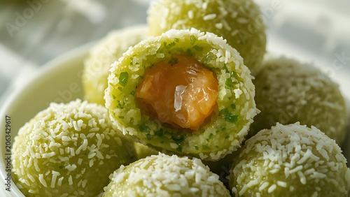 Healthy Green Energy Balls with Coconut and Fruit Filling, Close-up Macro Shot