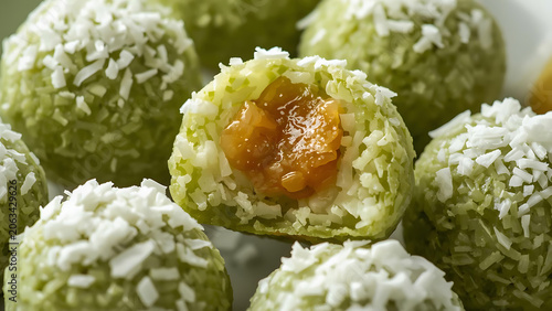 Healthy Green Energy Balls with Coconut and Fruit Filling, Close-up Macro Shot