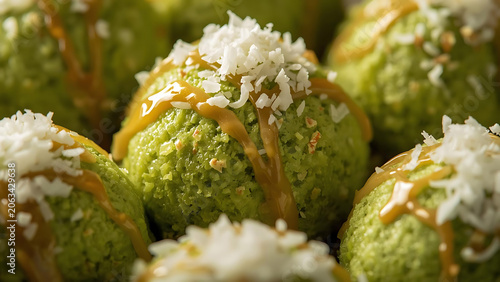 Healthy Green Energy Balls with Coconut and Caramel Drizzle - Close-up