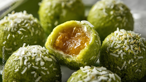 Healthy Green Energy Balls with Coconut Flakes and Orange Jam Filling