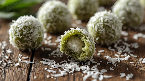 Healthy Green Energy Balls with Coconut Flakes on Wooden Table