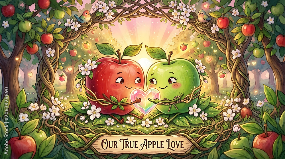 Naklejka premium Whimsical Illustration of Two Loving Apples in an Enchanted Fruit Orchard Celebrating True Romance