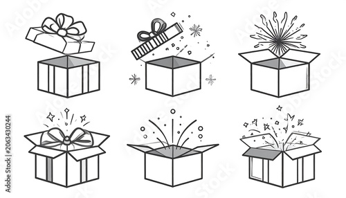 Black and white line art set of open gift boxes with various celebratory elements