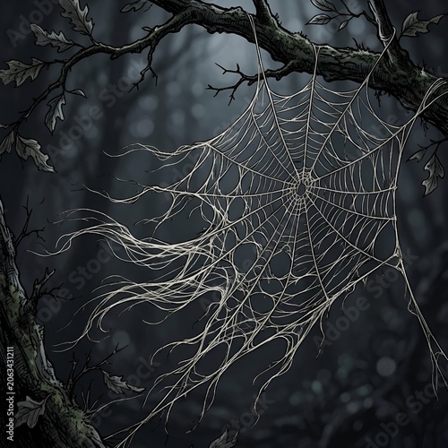 Ethereal Spiderweb on Dark Forest Branch, Mystical Atmosphere, Creepy Halloween Decor