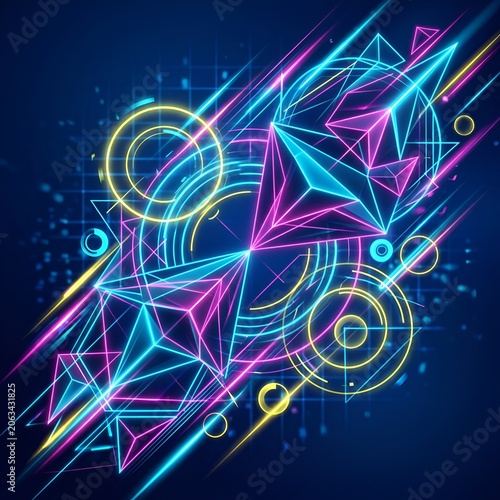 Neon Geometric Shapes Abstract Background - Futuristic Digital Art