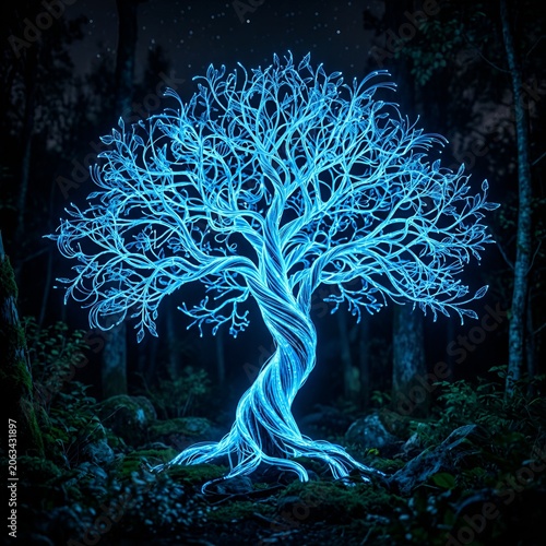 Magical glowing tree with blue light in dark forest at night