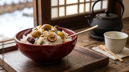 Yakpap (Korean medicinal sweet rice) in a deep and shiny red ceramic bowl