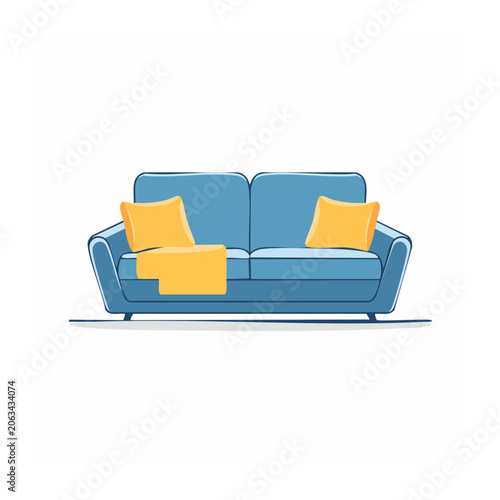 Modern blue sofa with orange cushions