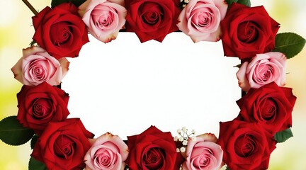 Red and pink roses arranged in a circular border around empty white space. Floral frame perfect for cards invitations or Mother Day greetings. Romantic natural decoration for special occasions.