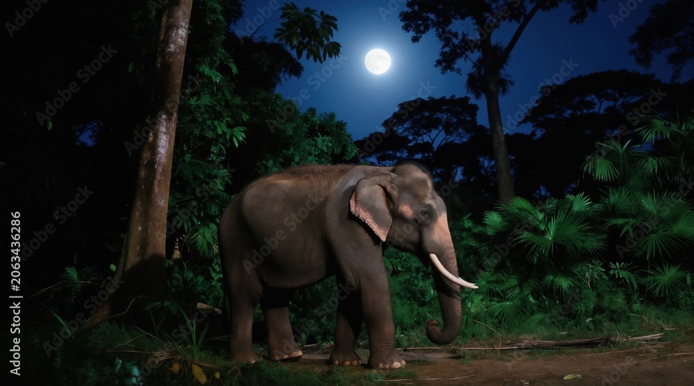 Fototapeta premium Elephant walks in jungle at night. Full moon shines in dark sky over trees. Wild animal moves through forest vegetation. Rich green plants surround large mammal.