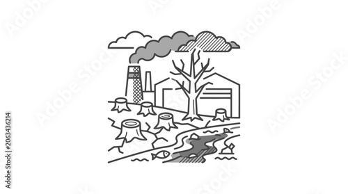 Environmental pollution and deforestation line art icon.