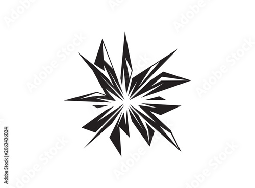 Sharp starburst explosion vector illustration, black geometric shard silhouette isolated on white background. Dynamic crystal shatter line art, broken glass stencil, and comic spark design.