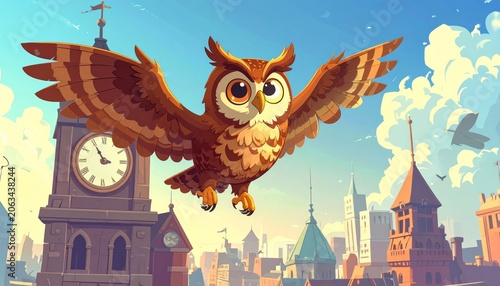 a cartoon owl flying over a city.