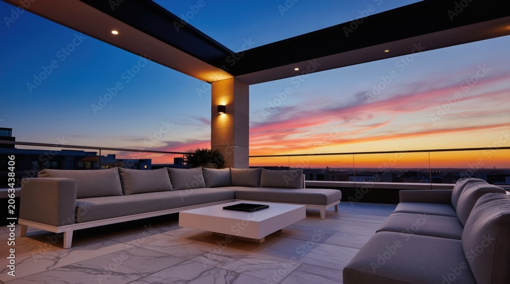 Fototapeta premium Modern rooftop terrace with grey sofa and white table. Balcony overlooks city skyline at sunset with colorful sky. Elegant outdoor living space perfect for relaxation and entertaining guests.