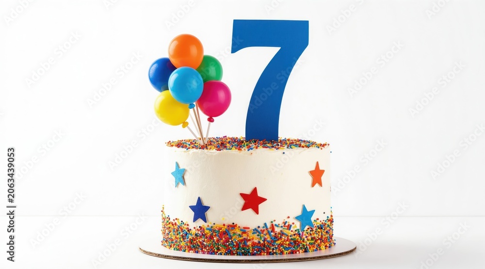 Fototapeta premium White birthday cake decorated with colorful stars and sprinkles. A big blue number seven topper and small balloons celebrate a childs special day.