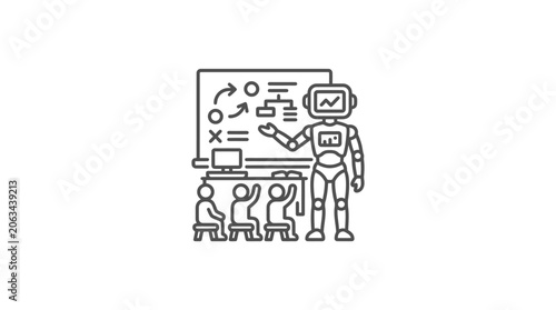 AI professor teaching robot students in futuristic classroom.
