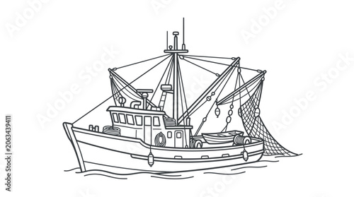 Foto Commercial fishing trawler boat with nets line art illustration.