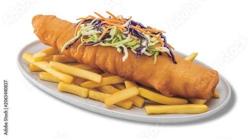 Fried fish with French fries vegetable garnish classic fish and chips meal comfort food crispy seafood photography