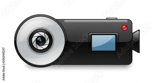 Black camera icon illustration with lens and screen isolated on white