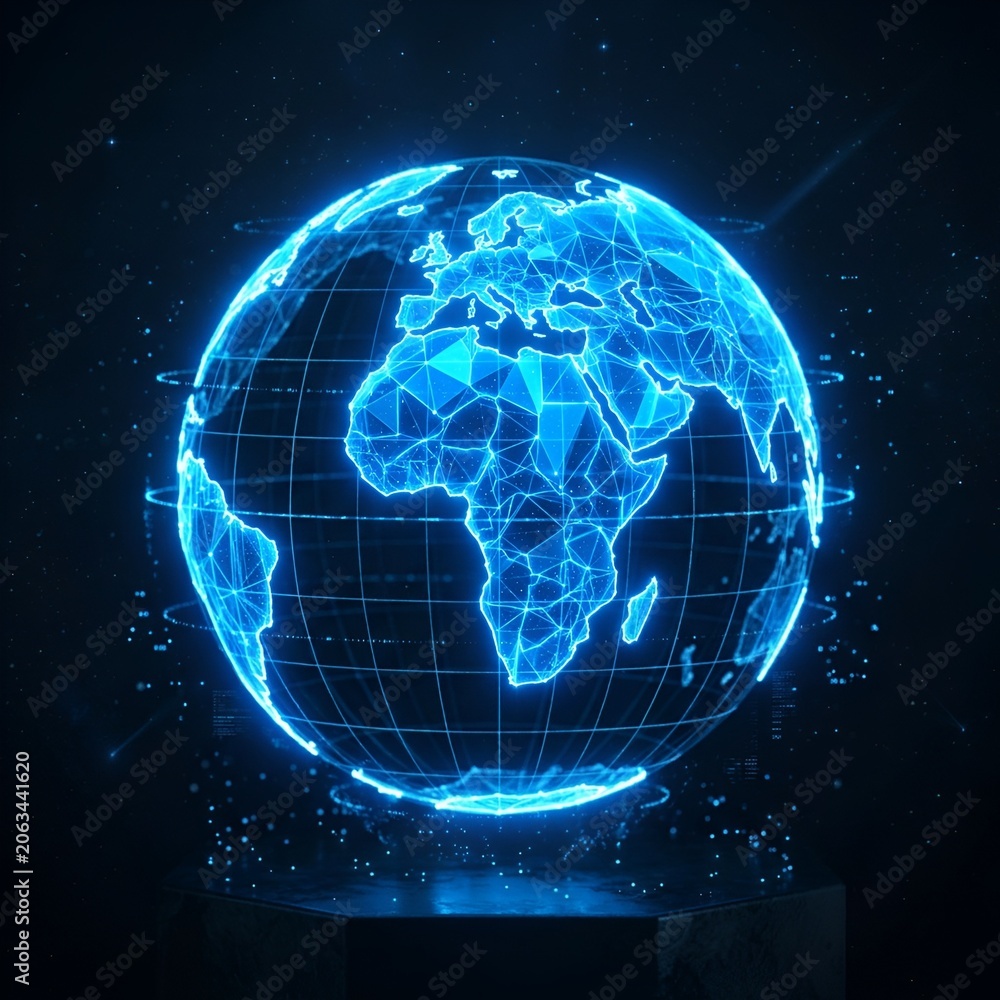 Naklejka premium Digital Earth Hologram: Global Network, Futuristic Technology, Blue Neon Globe