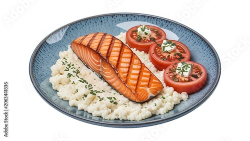 Grilled salmon fillet served on creamy risotto with tomato halves cheese herbs gourmet seafood cuisine elegant food photography