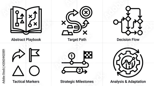 Business Strategy Icons: Playbook, Target, Decision Flow, Milestones, Analysis