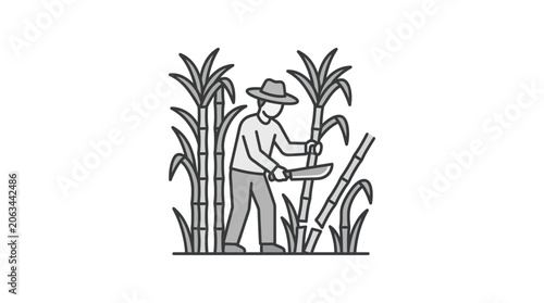 Farmer cutting tall sugarcane stalks with machete line art.