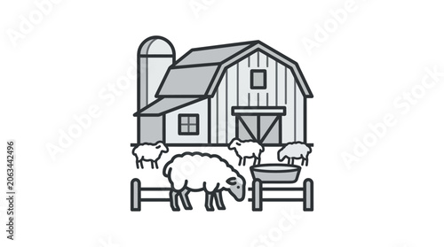 Farm barn and sheep grazing in meadow.