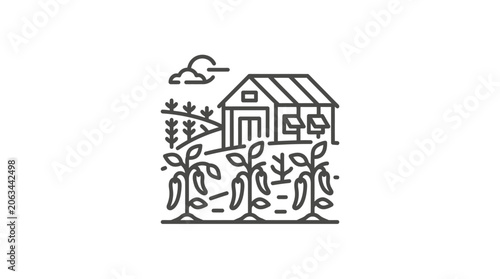 Farm building behind rows of growing crops line art.