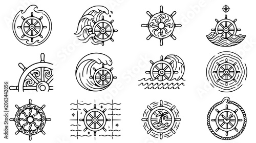 Cuadro en lienzo Nautical Helm Wheel Icons: Waves, Sun, Rope, and Marine Elements Collection