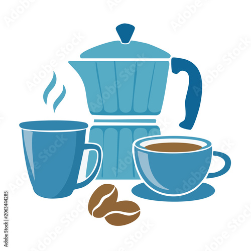 Flat design illustration of moka pot and coffee cups