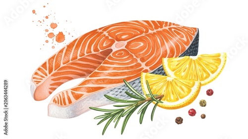 Salmon steak with lemon rosemary peppercorn garnish fresh seafood ingredient isolated culinary illustration food photography