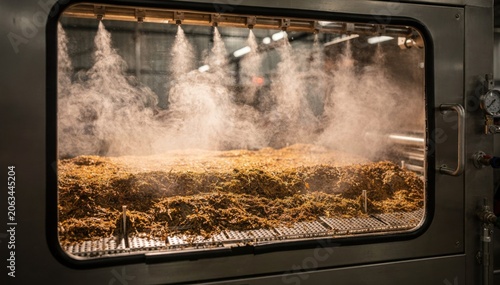Medium shot of a moisture conditioning chamber with foggers releasing fine mist to evenly rehydrate shredded tobacco highlighting the humidification process and steam diffusion.