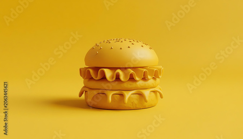 3d printing food concept, abstract fake yellow hamburger, junk food creative banner, 3d illustration. 