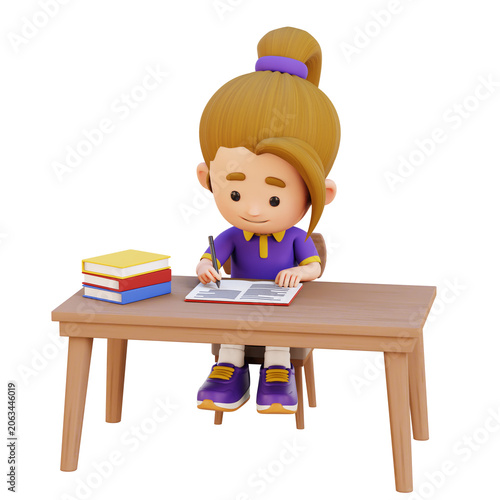3D people Little Girl studying and doing homework education and learning