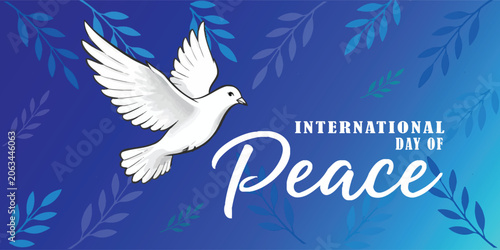 International Day of Peace dove and olive branches on blue gradient background holiday