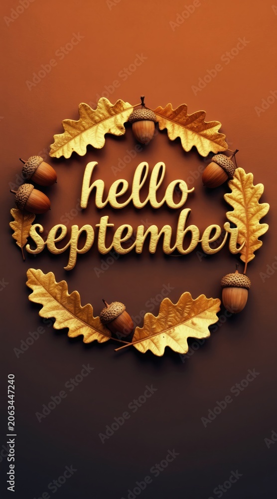 Fototapeta premium Autumn oak leaves and acorns frame golden text that says hello september. This design conveys a warm welcome to the fall season and its natural beauty.